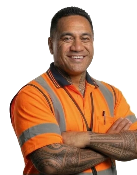 A smiling site supervisor in a hi-vis shirt, arms folded