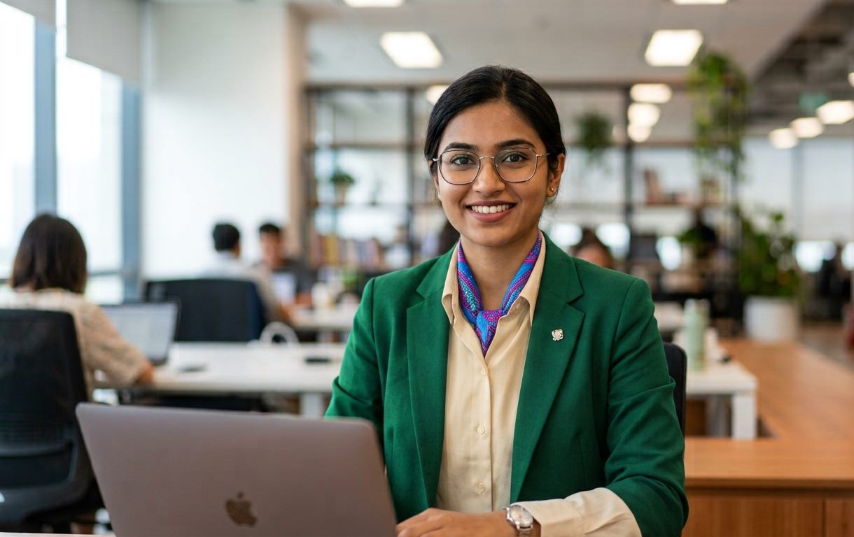 A smiling administrator working at a laptop in an open-plan office