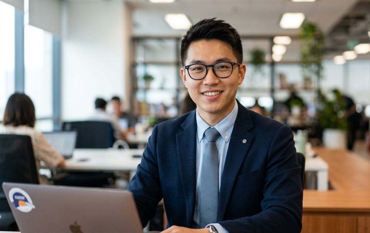 A smiling BaseLeap consultant at a laptop in an open-plan office
