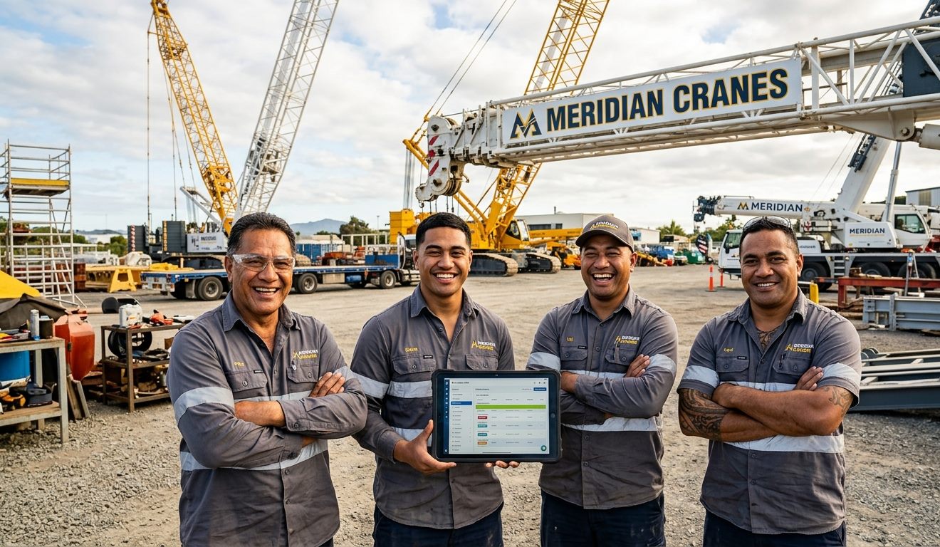 Four smiling crane crew in work shirts in a yard, one holding a tablet showing the day's jobs