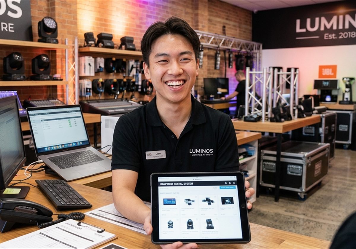 A smiling staff member at the counter of a lighting and AV hire store, holding up a tablet showing the hire catalogue